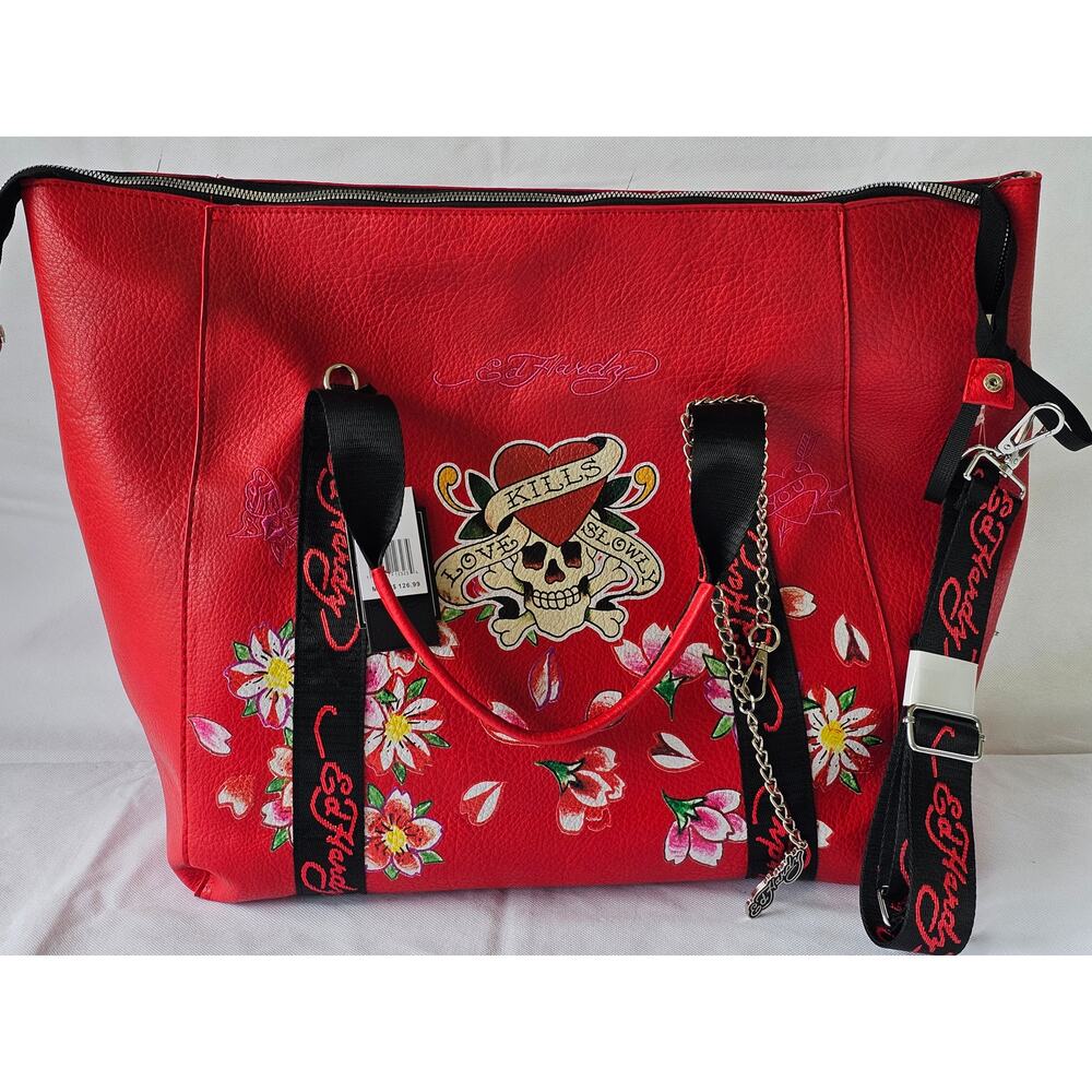 Ed Hardy Love Kills Slowly Large Weekender Duffle Travel Bag Red Faux Leather
